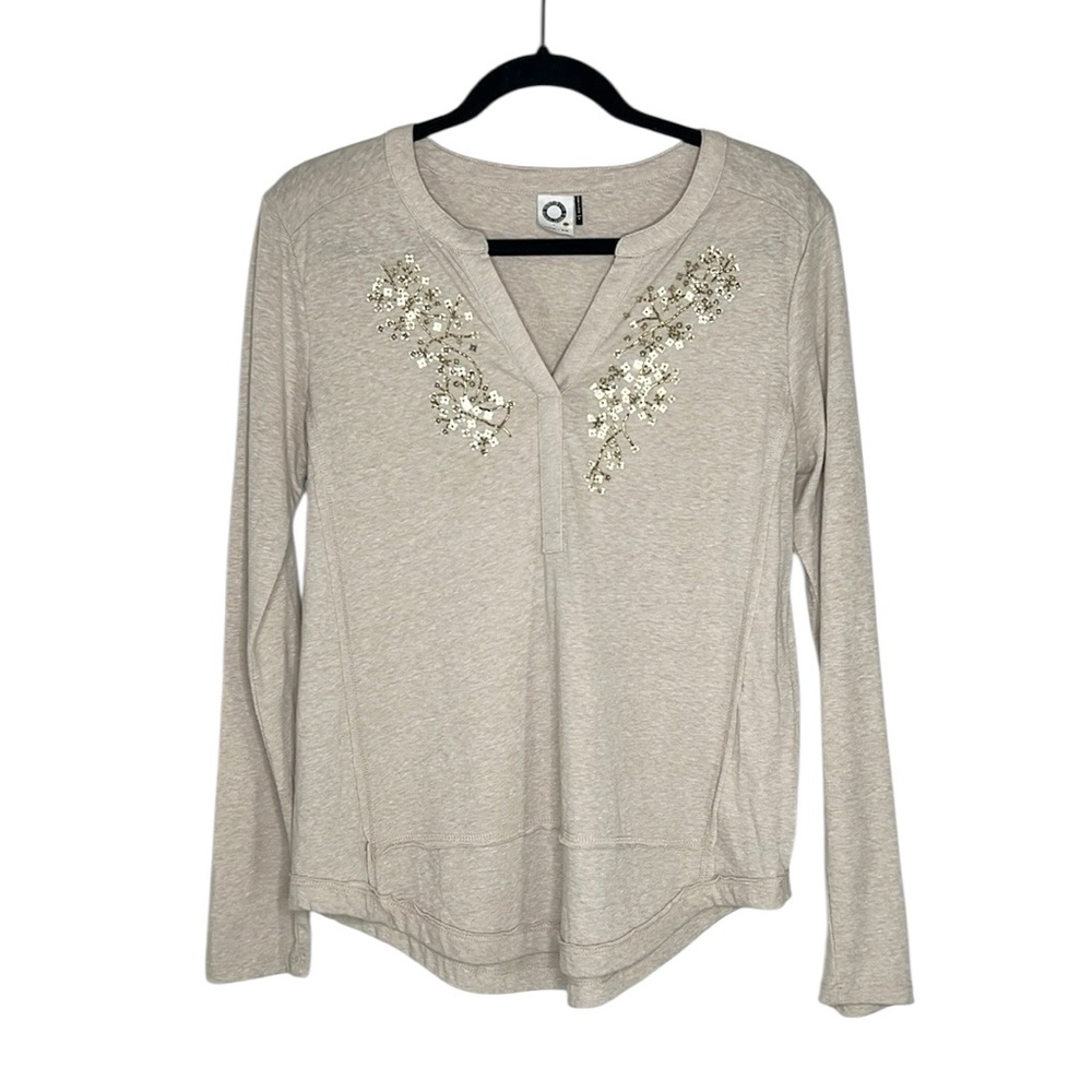 Anthropologie Akemi + Kin gold embellished beige tan long sleeve top size Small